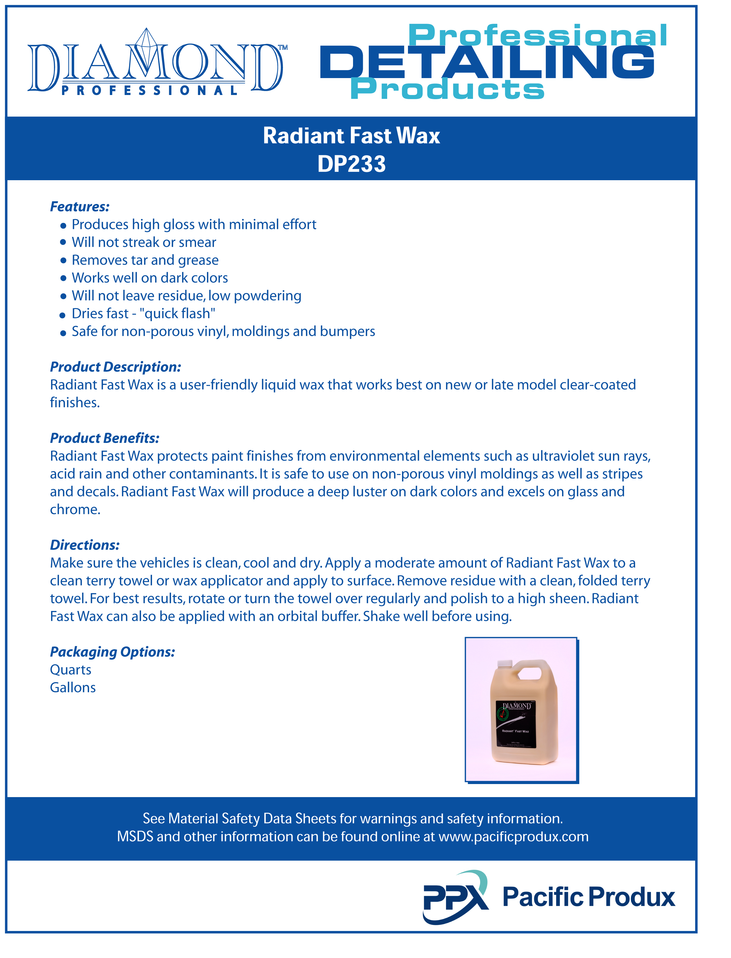 Diamond professional data safety sheets for auto detailing supplies